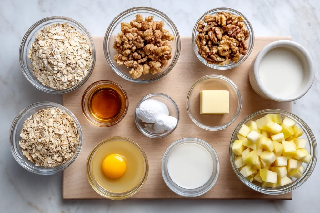 Overhead photo of oatmeal apple breakfast bake ingredients — oats, apples, eggs, maple syrup, and spices — arranged neatly in glass bowls on a modern kitchen counter.