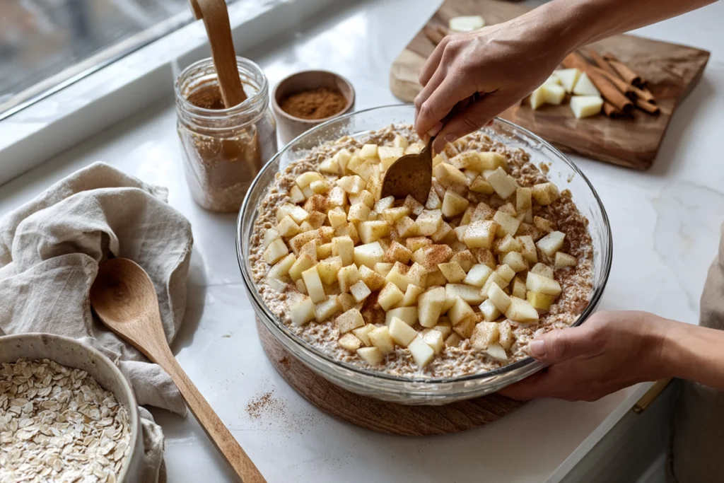 Mixing bowl with oats, apples, and cinnamon being combined to prepare an oatmeal apple breakfast bake in a bright modern kitchen.