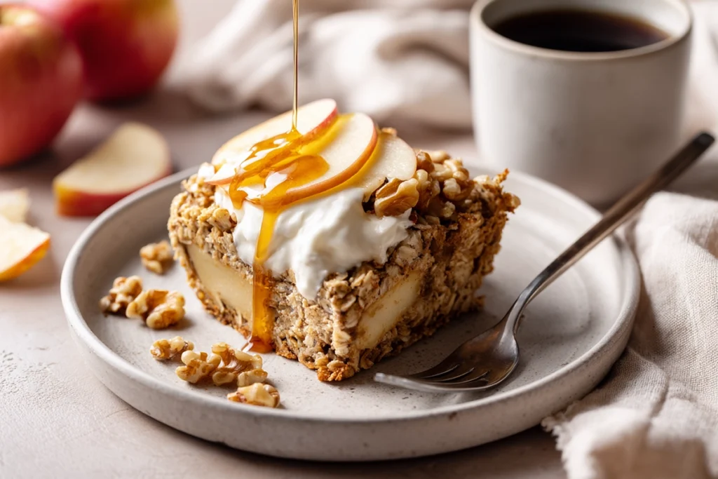Slice of oatmeal apple breakfast bake served with yogurt and maple syrup on a white plate in a bright, cozy kitchen setting.