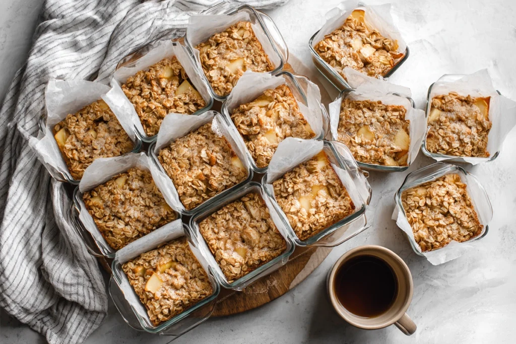 Meal-prepped portions of oatmeal apple breakfast bake in glass containers on a marble counter, ready for storage or grab-and-go breakfasts.