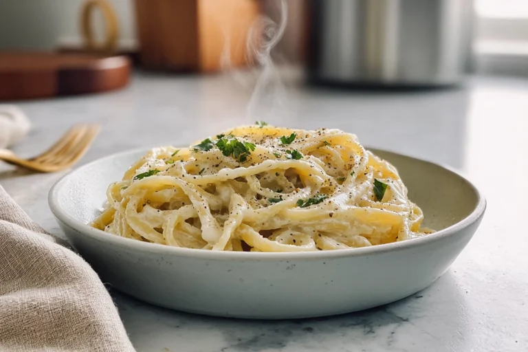 one pot creamy garlic pasta served in a bowl with parsley garnish on a modern kitchen counter