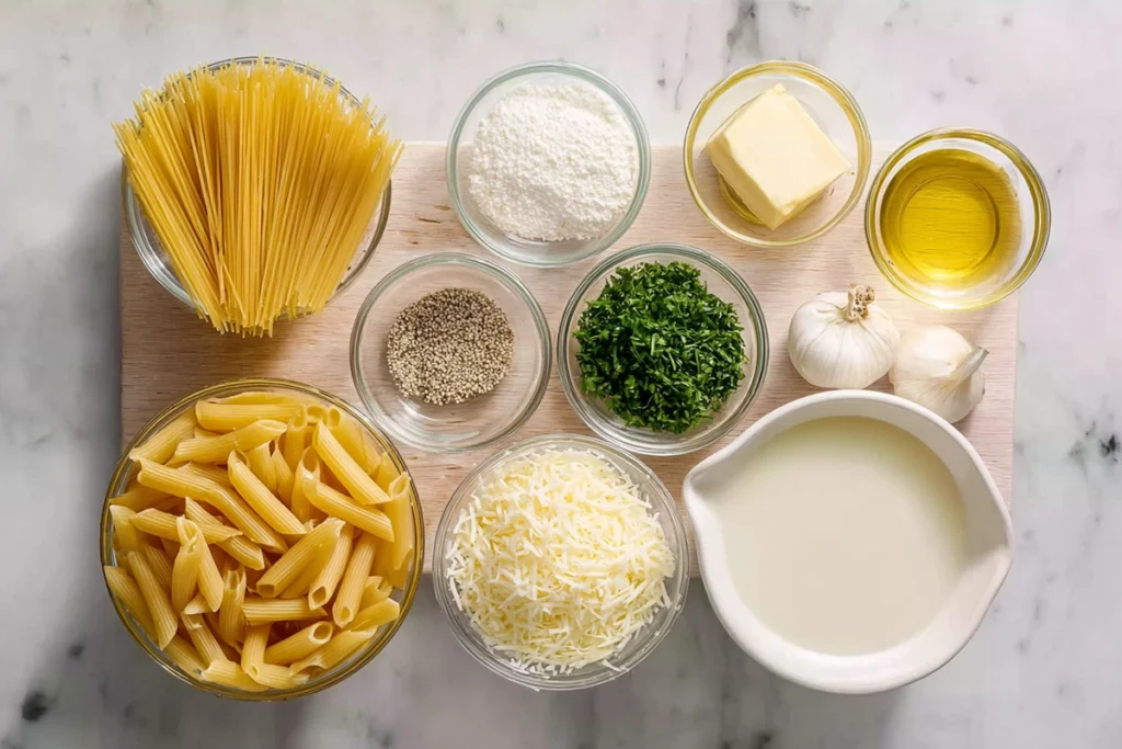 flat lay of one pot creamy garlic pasta ingredients arranged in glass bowls on a wooden board