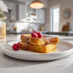 perfectly plated overnight crème brûlée French toast with caramelized sugar topping and raspberries on a white plate
