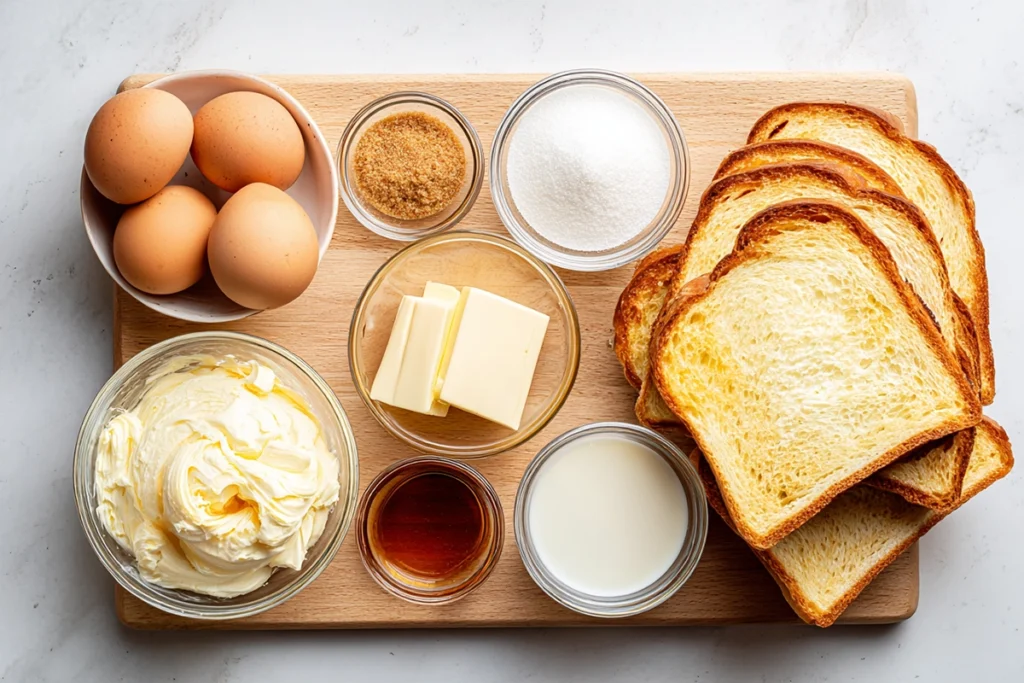 overhead view of ingredients for overnight crème brûlée French toast including brioche, eggs, brown sugar, butter, and vanilla