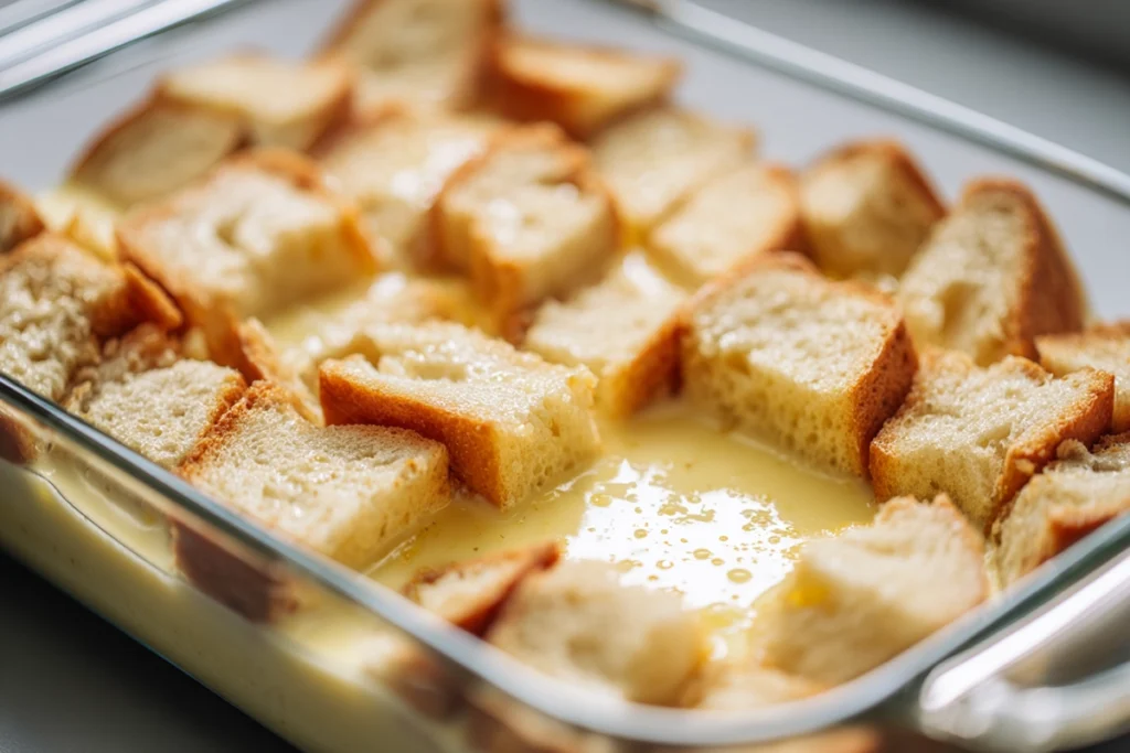 brioche slices soaking overnight in vanilla custard for crème brûlée French toast inside a fridge
