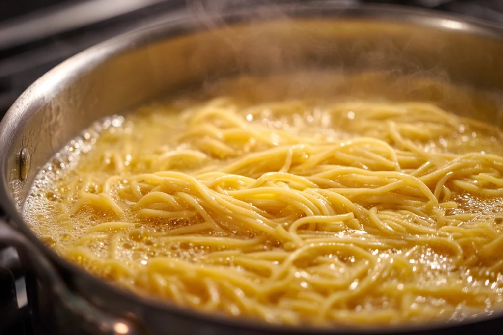 pasta simmering in creamy garlic sauce in a stainless pot for one pot creamy garlic pasta