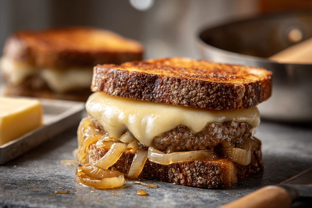 Step-by-step Patty Melt sandwich assembly showing grilled beef patty, melted Swiss cheese, and caramelized onions on rye bread.