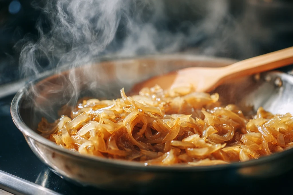 Close-up of golden caramelized onions cooking in a skillet for a Patty Melt, captured with natural daylight and shallow depth of field.