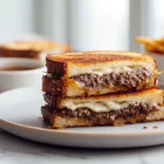 Photorealistic Patty Melt sandwich on rye bread with melted Swiss cheese and caramelized onions, styled in natural light on a modern kitchen counter.