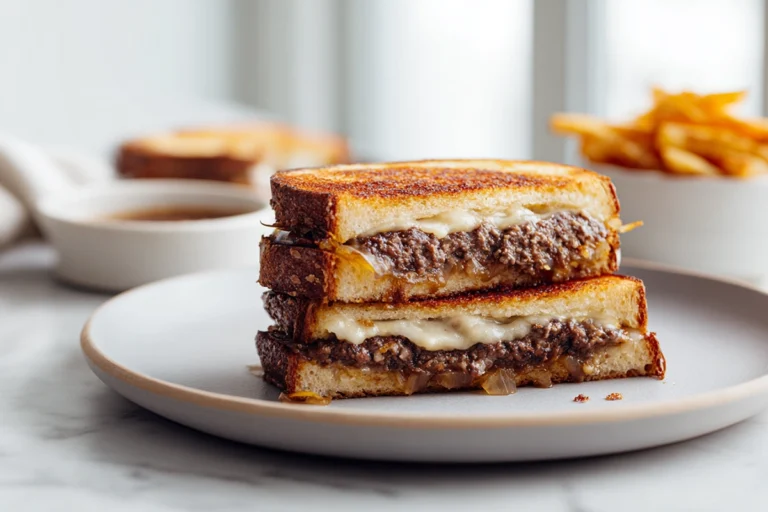 Photorealistic Patty Melt sandwich on rye bread with melted Swiss cheese and caramelized onions, styled in natural light on a modern kitchen counter.