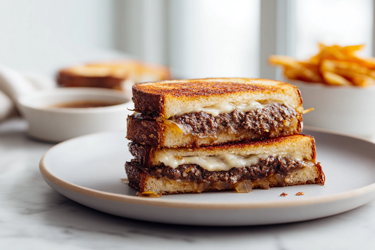 Photorealistic Patty Melt sandwich on rye bread with melted Swiss cheese and caramelized onions, styled in natural light on a modern kitchen counter.