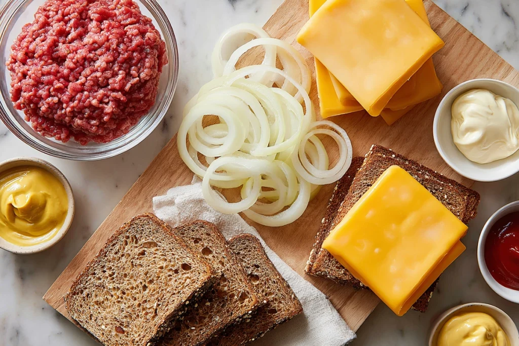 Overhead shot of Patty Melt ingredients including ground beef, Swiss cheese, caramelized onions, rye bread, and sauce bowls on a wooden board.