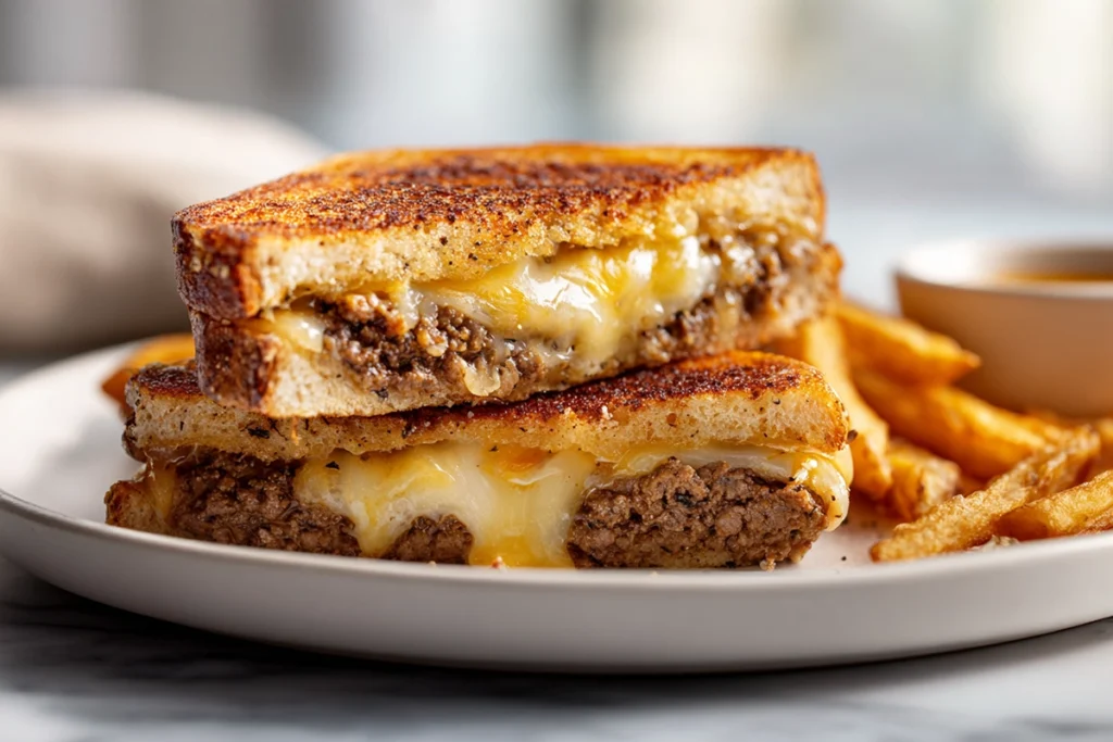 Close-up of sliced Patty Melt sandwich with melted cheese and fries on a white plate in natural light.