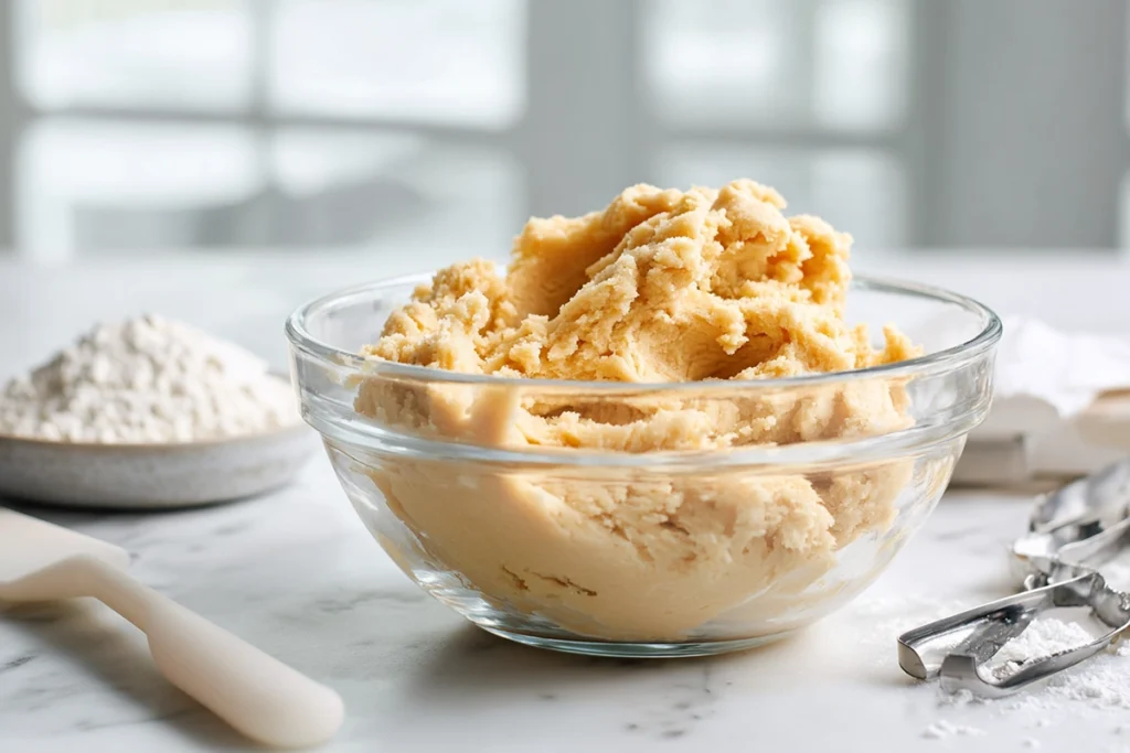 Cookie dough for pecan pie cookies in a glass bowl on a marble countertop