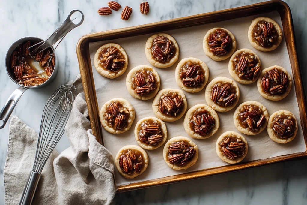 Overhead photo of unbaked pecan pie cookies filled with caramel pecan mixture