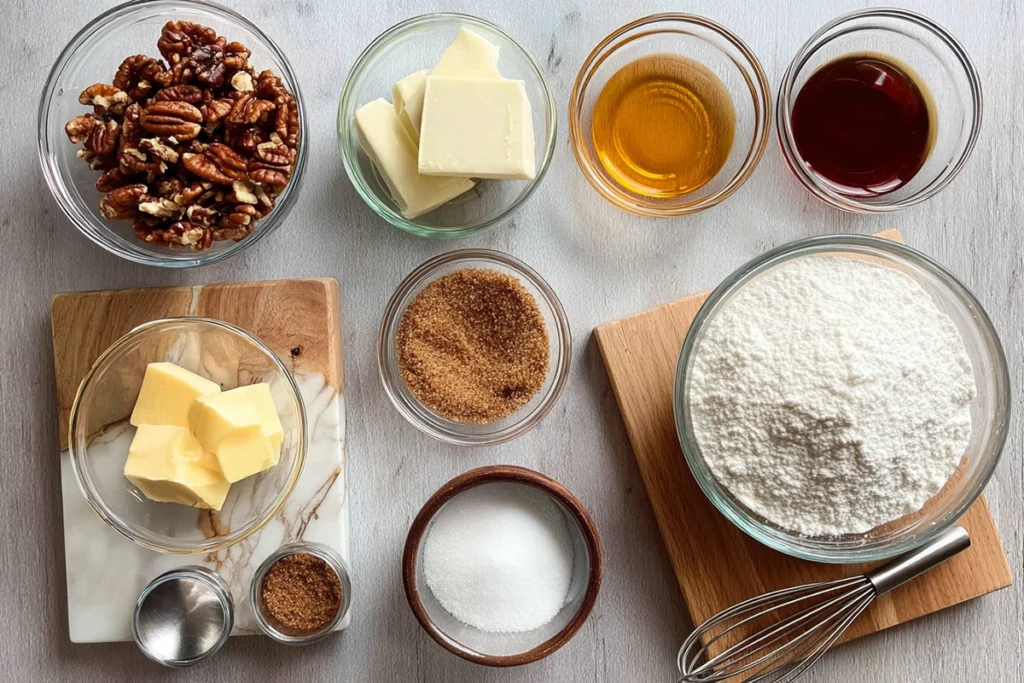 Overhead photo of pecan pie cookies ingredients in small glass bowls