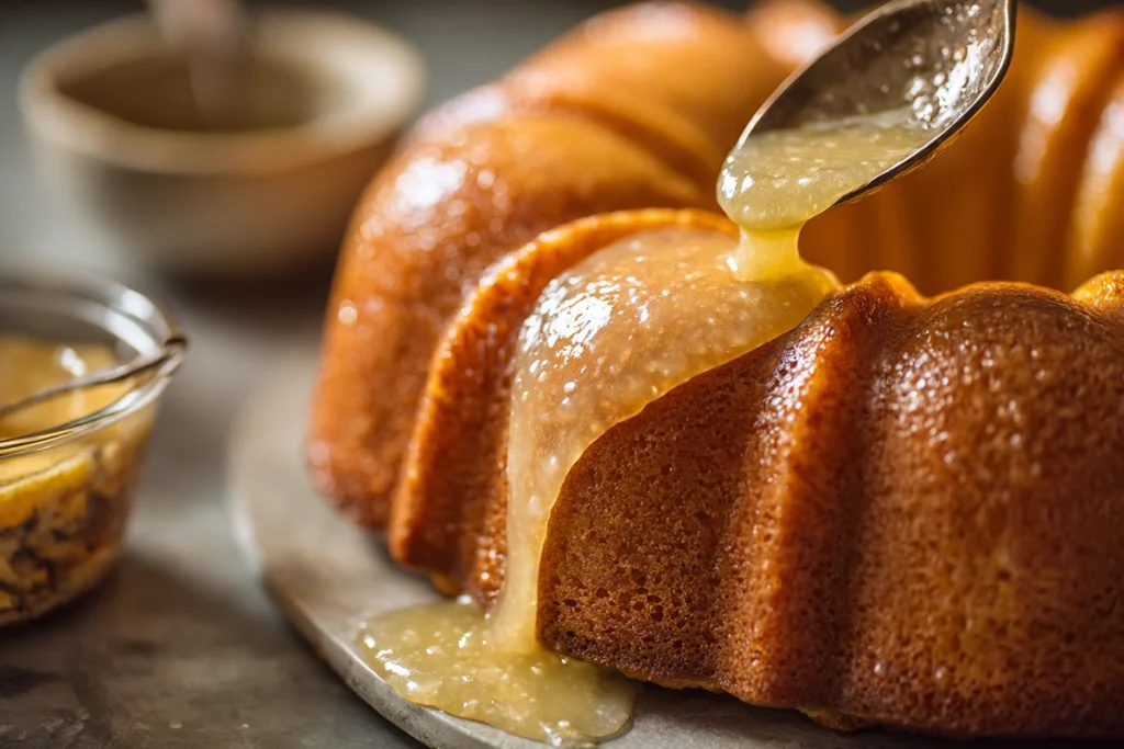 close-up of pineapple glaze poured over moist pineapple juice cake