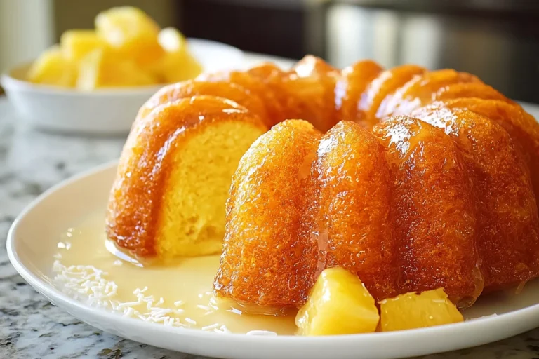 pineapple juice cake with golden glaze on modern kitchen counter