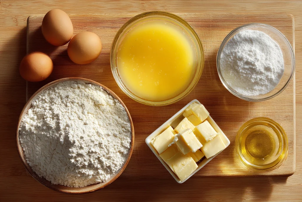 overhead shot of pineapple juice cake ingredients arranged on wooden board