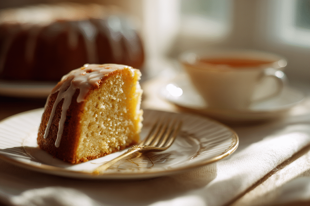 slice of pineapple juice cake served on white plate with tea in background