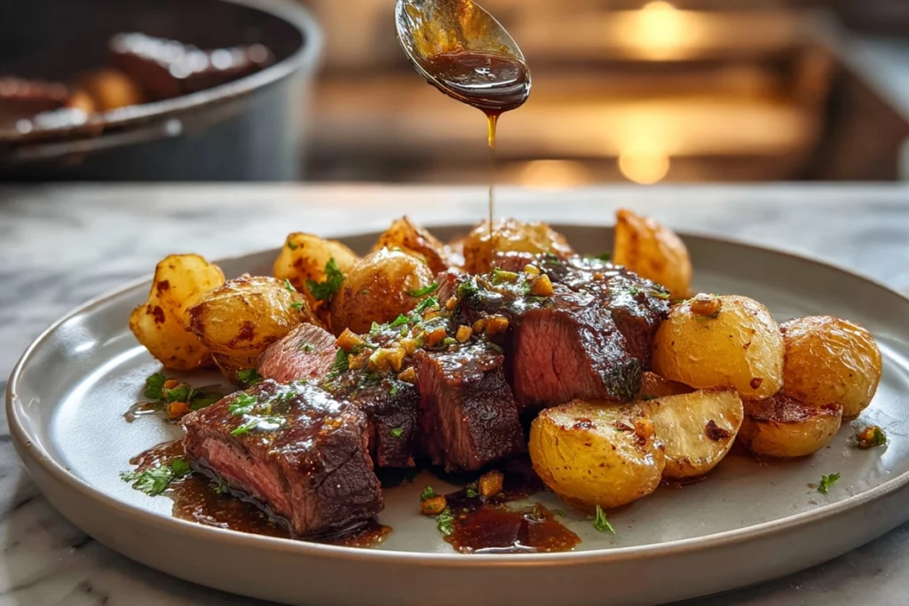 Final plating of Honey Beef with Roasted Potatoes with honey drizzle and fresh parsley garnish