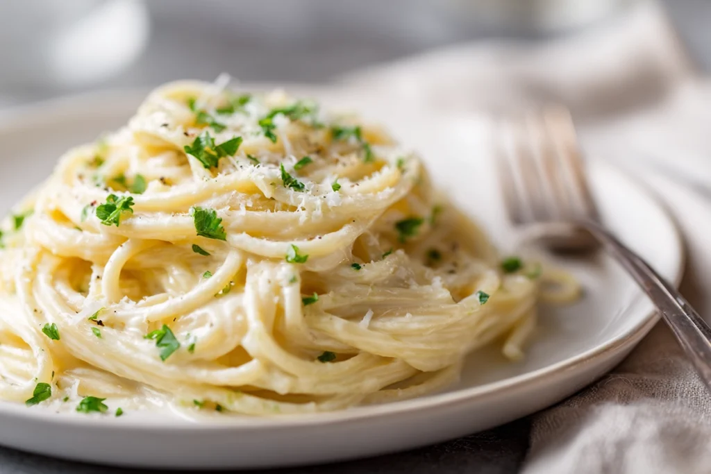 close up of creamy garlic pasta with parsley and Parmesan being plated in a modern kitchen