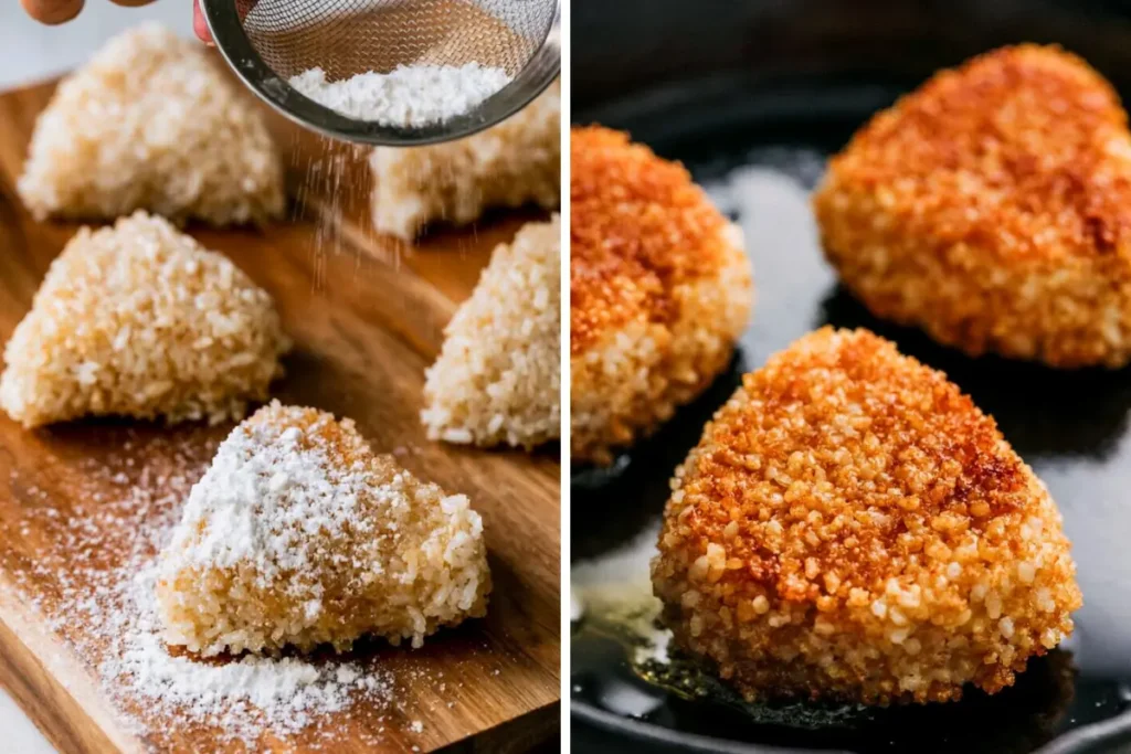 Shaped Yaki Onigiri lightly coated with potato starch before pan-frying