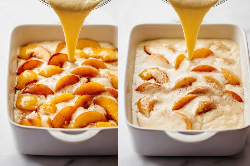 Batter being poured over sliced peaches for Brown Butter Peach Cobbler in white baking dish