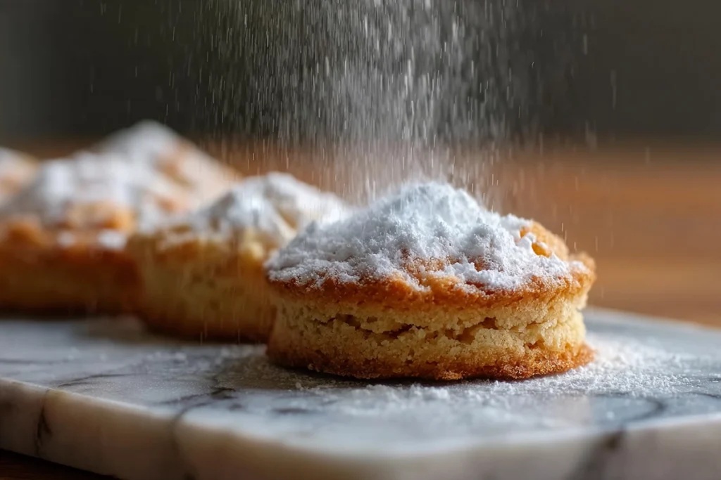 close-up of powdered sugar dusting foggy london tea cakes sherlock holmes recipe