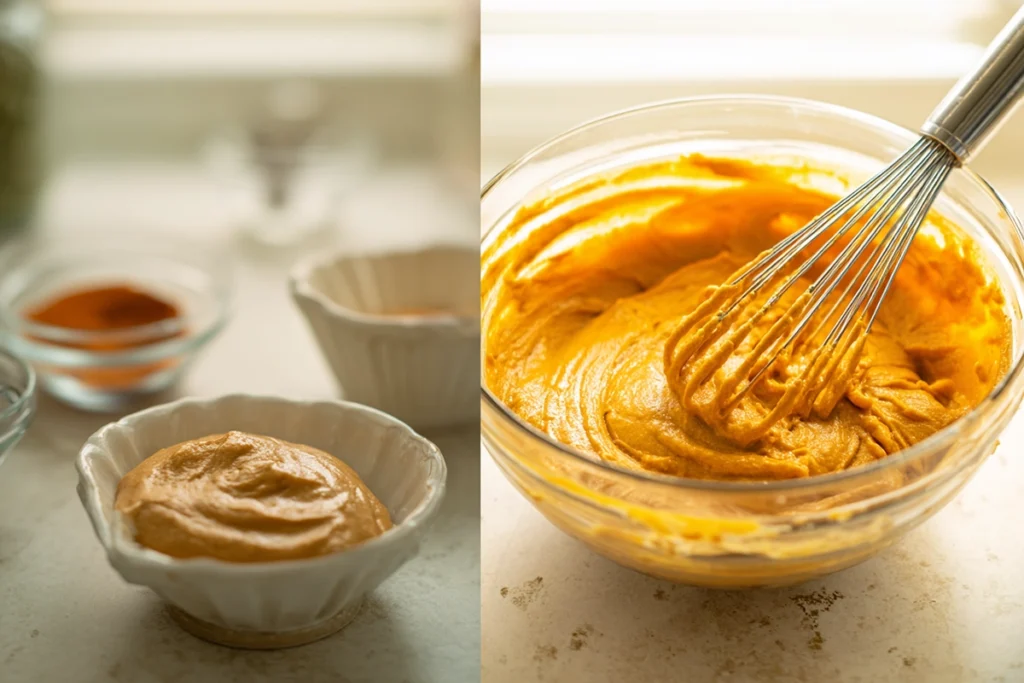 mixing bowl with pumpkin muffin batter and whisk on marble counter