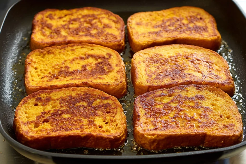 slices of 6 ingredient pumpkin french toast cooking in skillet with golden crust and steam in bright kitchen