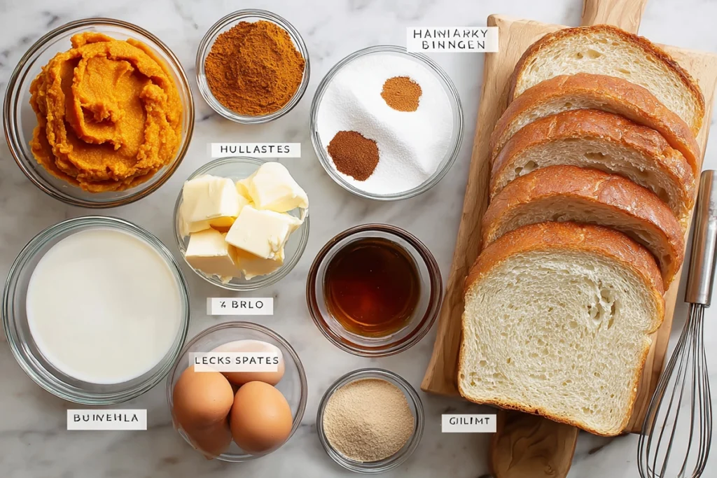 overhead view of 6 pumpkin french toast ingredients arranged neatly on white marble counter with bright natural light