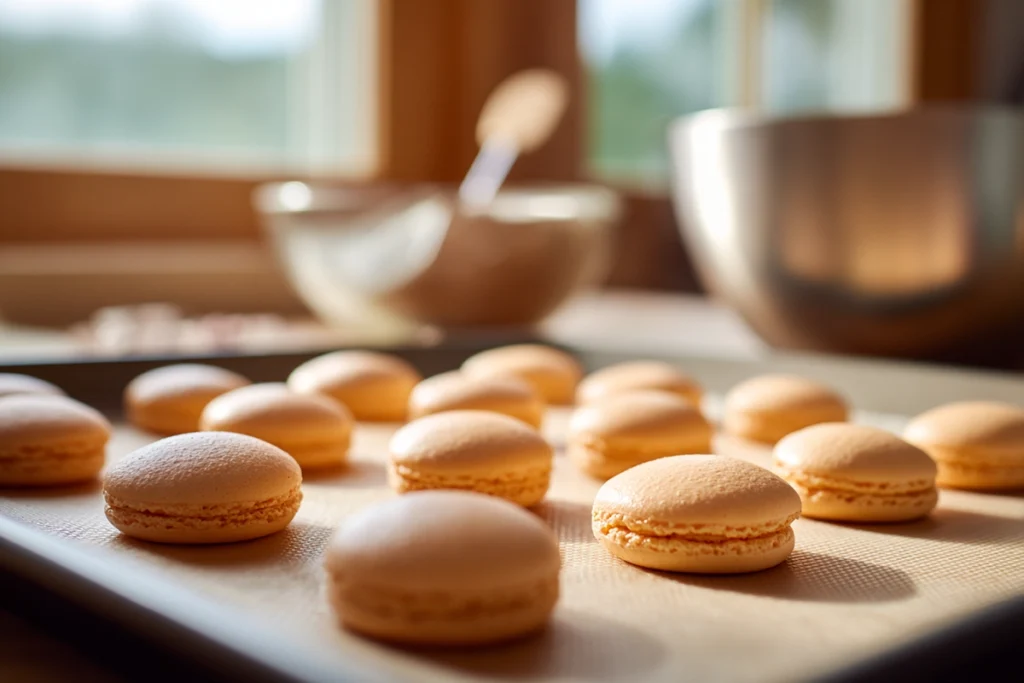 Freshly piped pumpkin pie macaron shells resting before baking on parchment paper