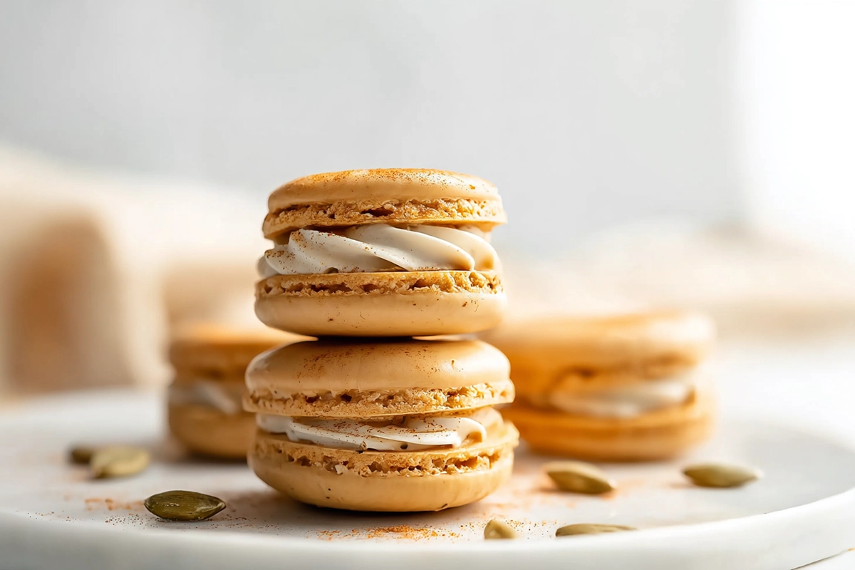 Pumpkin pie macarons on white plate in bright kitchen with natural light