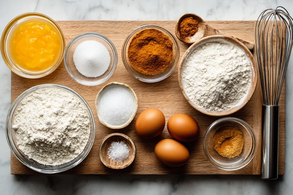 Overhead shot of pumpkin pie macaron ingredients including almond flour and pumpkin puree