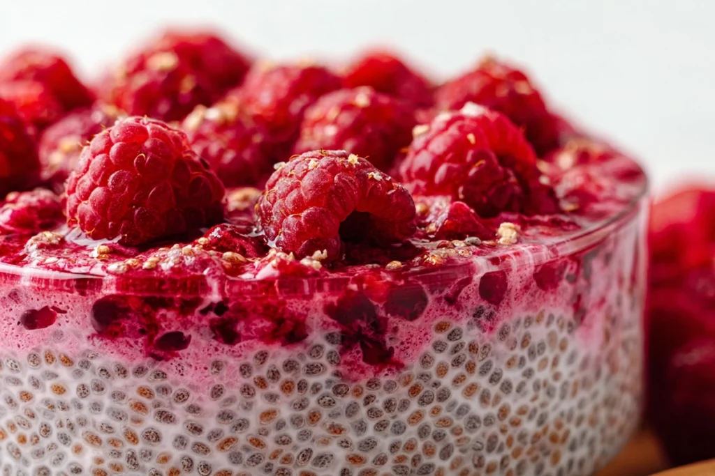 Macro close-up of Raspberry Chia Pudding showing detailed chia and raspberry texture