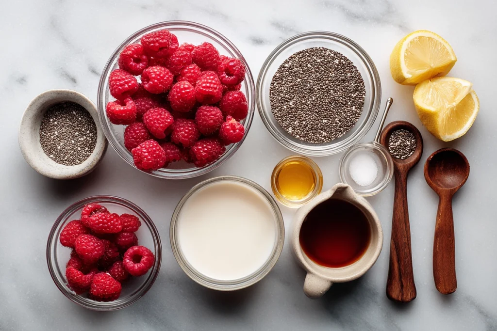 Overhead photo of Raspberry Chia Pudding ingredients on marble counter with chia seeds and raspberries