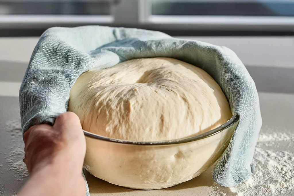 Risen Amish white bread dough covered with towel in a glass bowl on kitchen counter