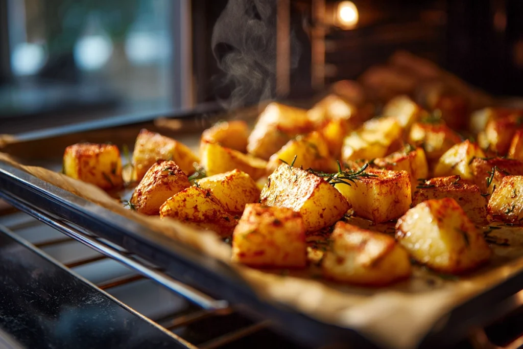 Roasted potatoes sizzling in the oven for Honey Beef with Roasted Potatoes