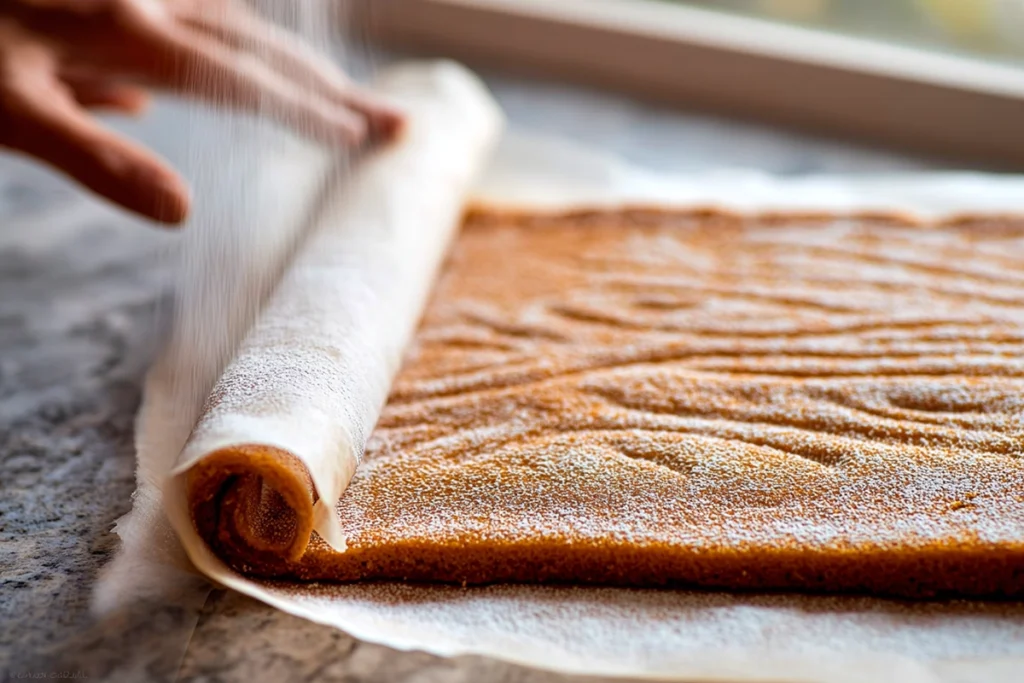 rolling warm fall pumpkin spice roll cake on parchment paper with powdered sugar