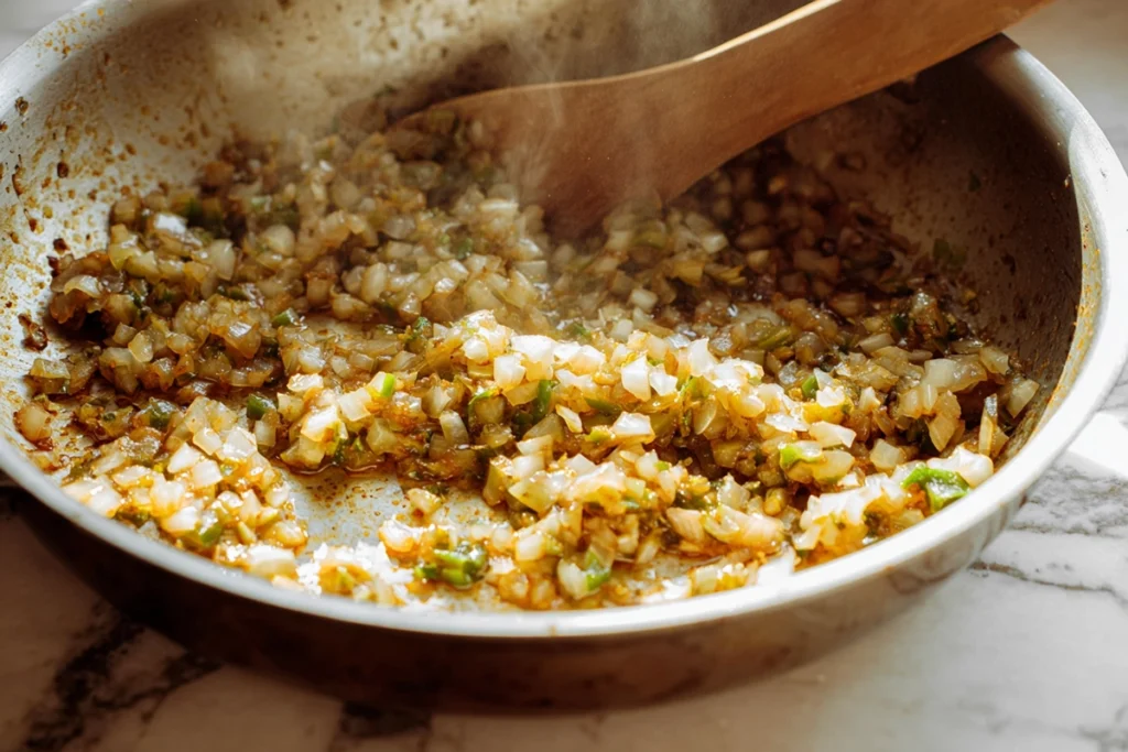 onions garlic and poblano peppers sautéing in a pan for mexican street corn soup