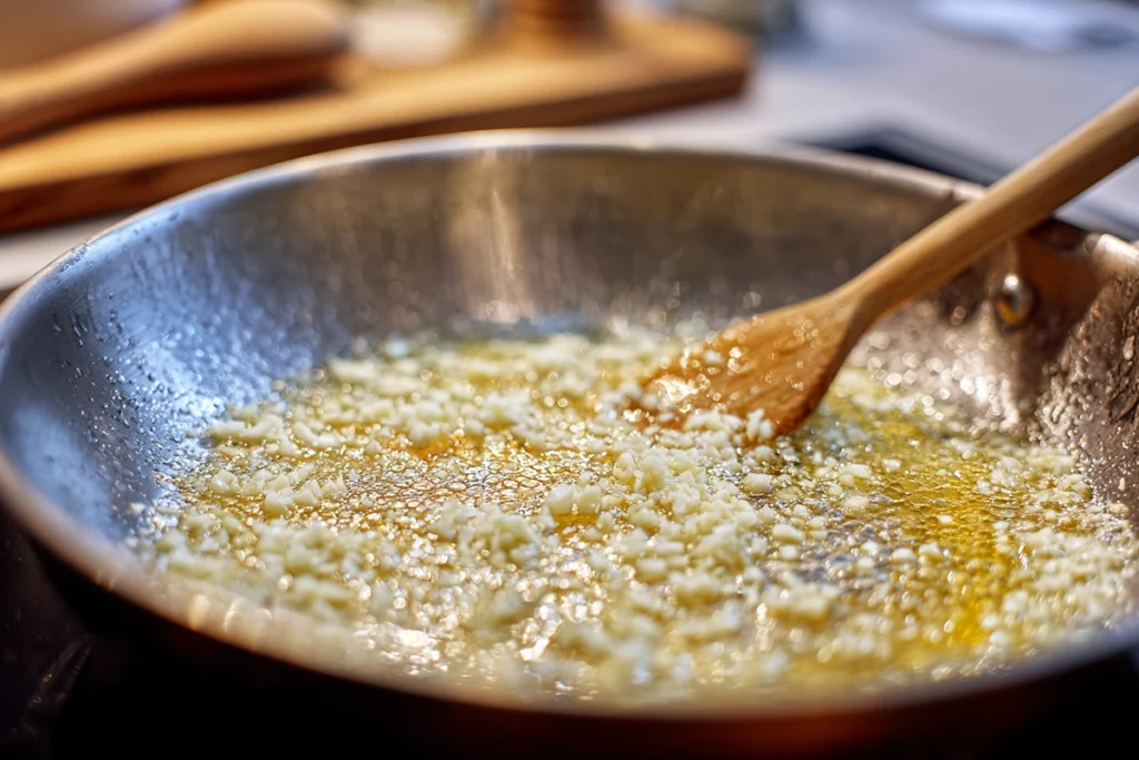 garlic sautéing in melted butter in a stainless steel skillet for one pot creamy garlic pasta