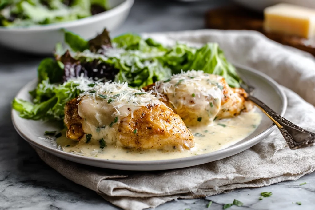 serving chicken pillows with creamy parmesan sauce and salad on modern white plate
