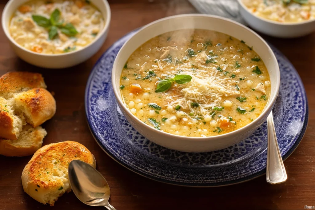 freshly served creamy chicken parmesan soup with basil and parmesan flakes on modern table