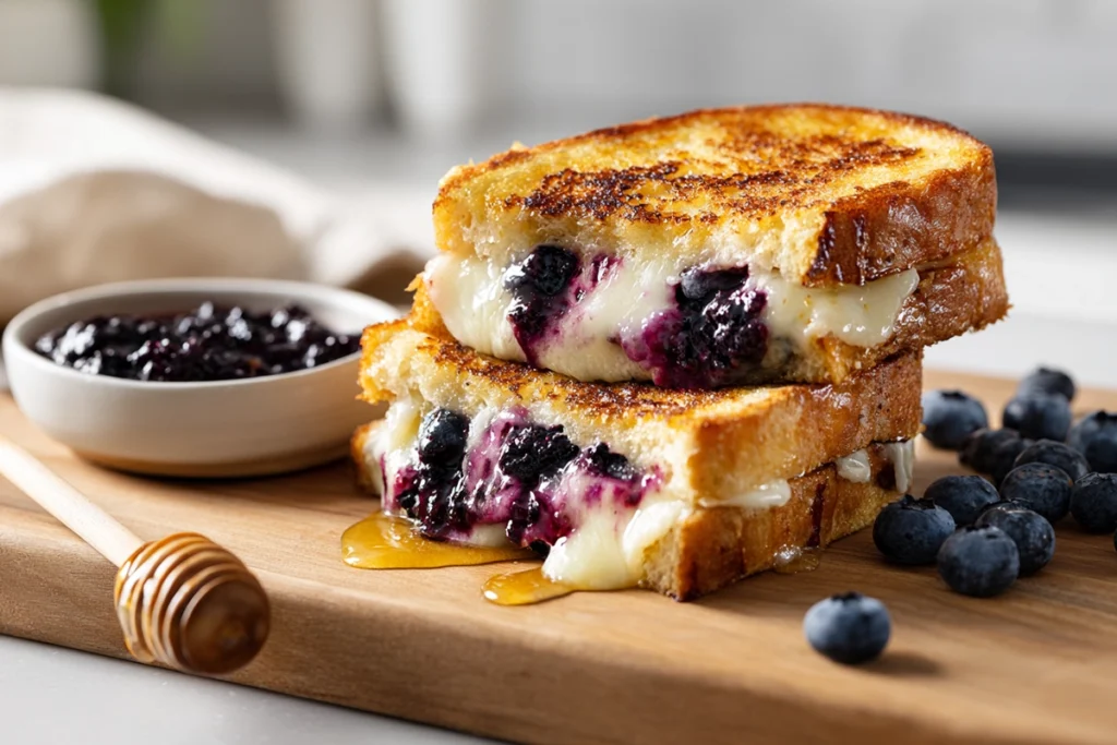 Crispy blueberry grilled cheese served on a wooden board with blueberry compote and honey drizzle