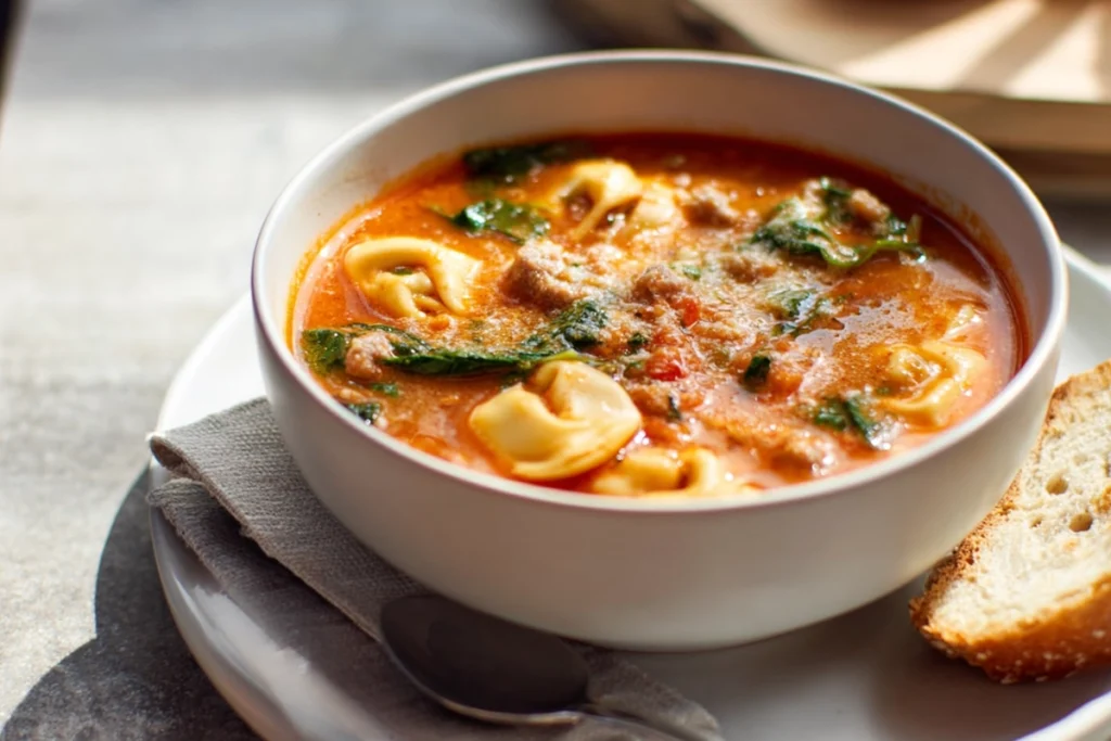 bowl of crockpot tortellini soup with sausage served with crusty bread in bright kitchen
