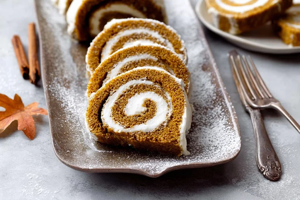 sliced fall pumpkin spice roll cake with cream cheese swirl served on platter in daylight