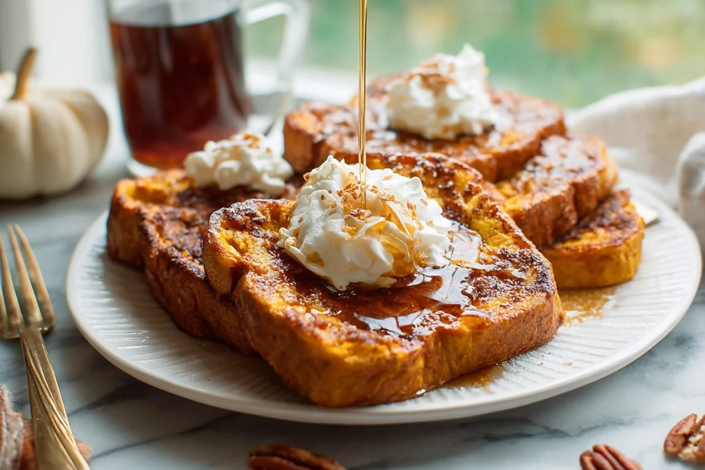 plated 6 ingredient pumpkin french toast with maple syrup drizzle and whipped cream on white plate
