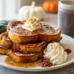 stack of 6 ingredient pumpkin french toast with maple syrup and powdered sugar on a white plate in bright modern kitchen