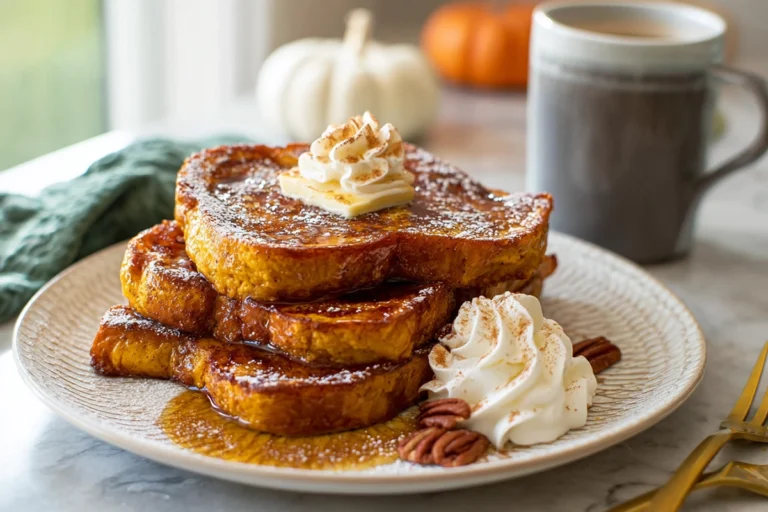 stack of 6 ingredient pumpkin french toast with maple syrup and powdered sugar on a white plate in bright modern kitchen